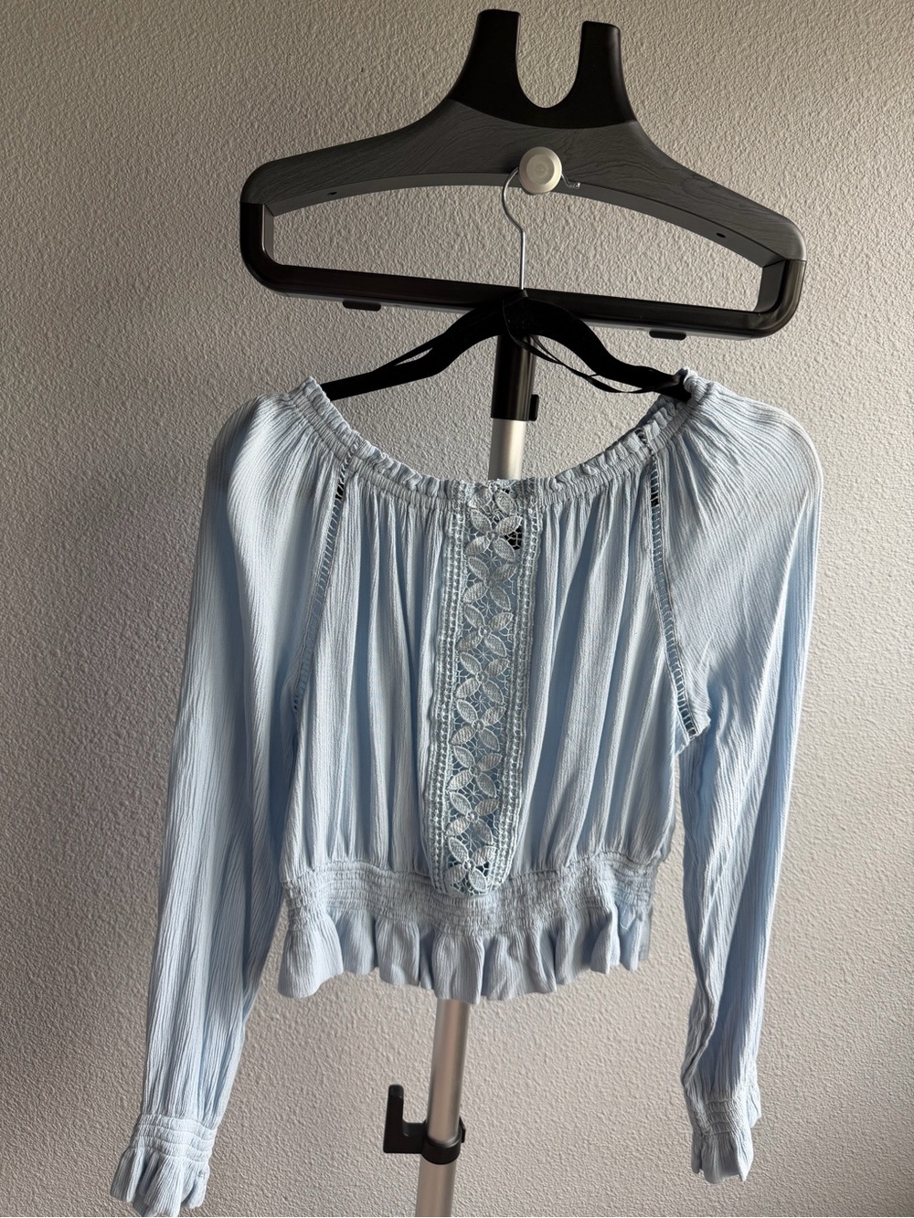 H&M Light Blue Peasant Blouse with Lace Trim